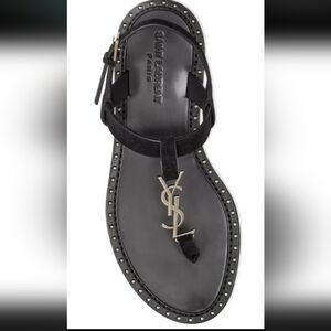 Saint Laurent YSL Logo Iota 05 Black Suede Studded Thong Slide Flat...